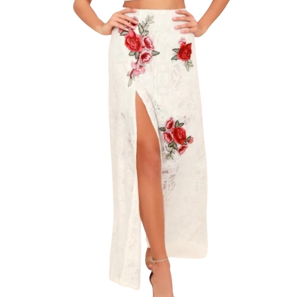 Lulus Ivory Lace Floral Embroidered Maxi Skirt Small Boho Slit